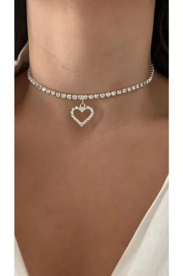 Gümüş Taşlı Kalp Su Yolu Choker