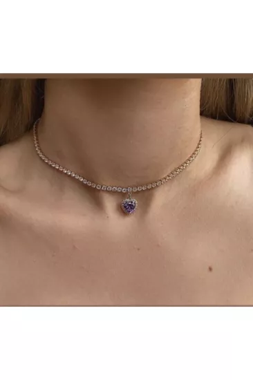 Lila Taşlı Kalp Su Yolu Choker